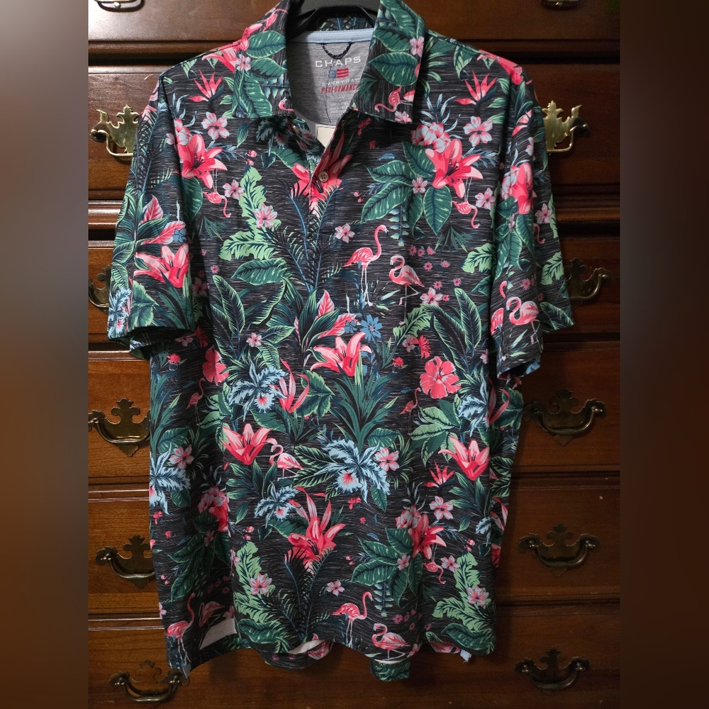 Chaps Men's Floral Two Button Shirt - Black, Pink, Green Size Large